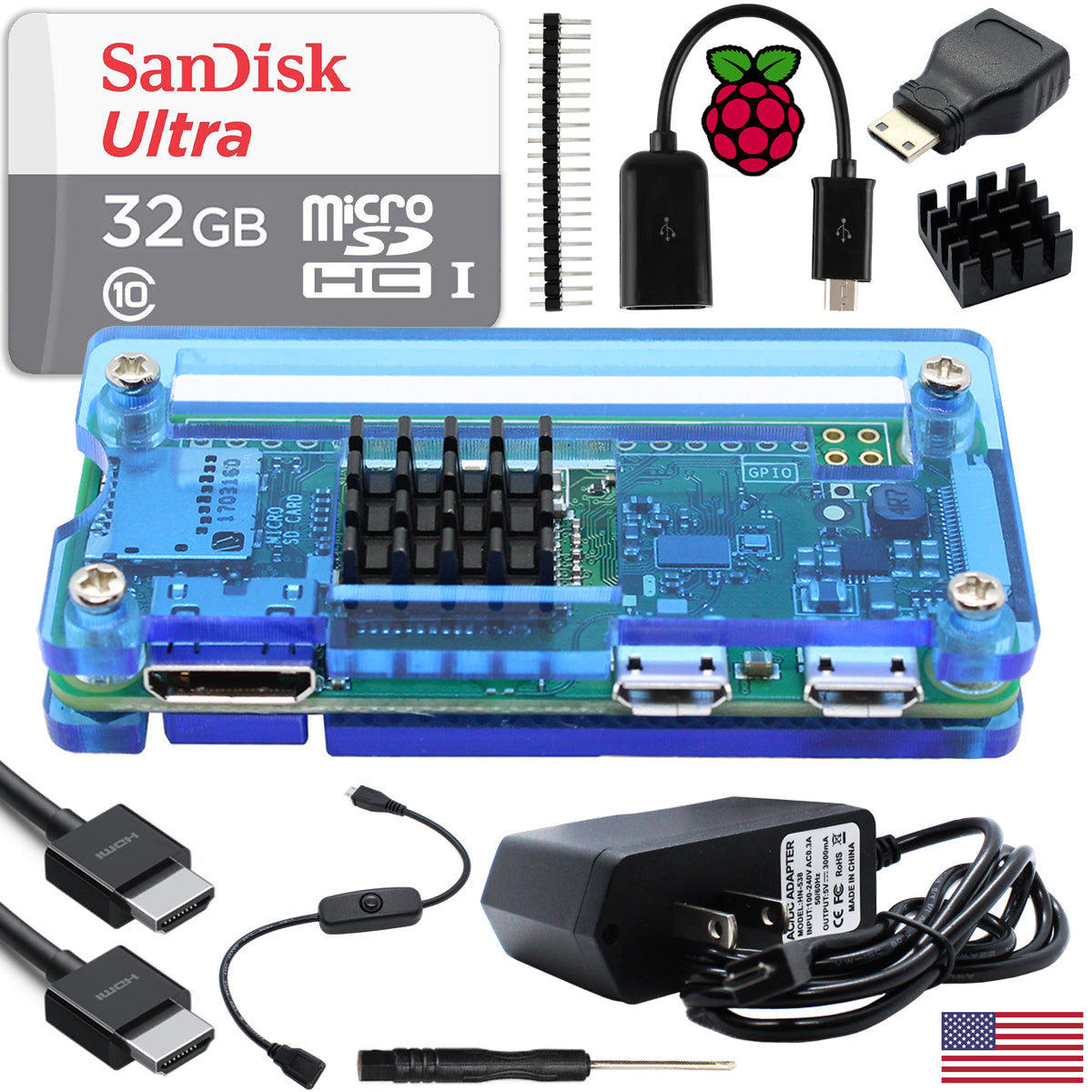 Essential Kit for Raspberry Pi Zero 2 W | 128GB Ultra Preloaded Card | Protective Case | Power Supply | On/Off Switch Cable | 20Pin GPIO Header | Heatsink | Compatible with Pi Zero 2 W, 1.3, W